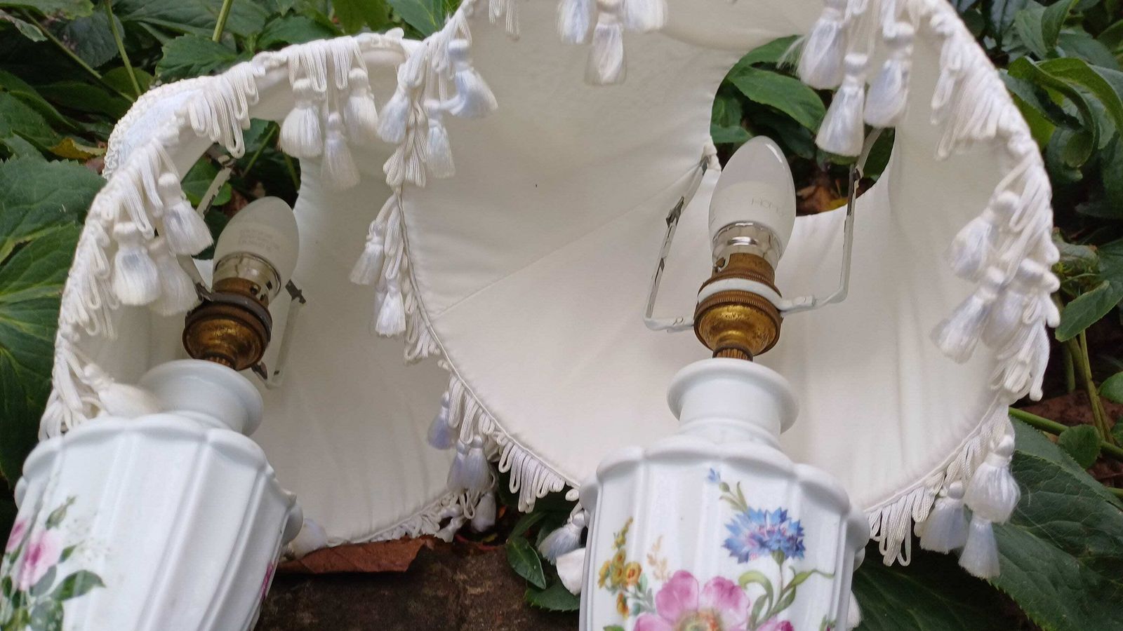 Pretty Pair Floral Porcelain Lamps And Frilly Shades   Authentic Vintage/Antique; One Roses And One Summer Blooms photo buy