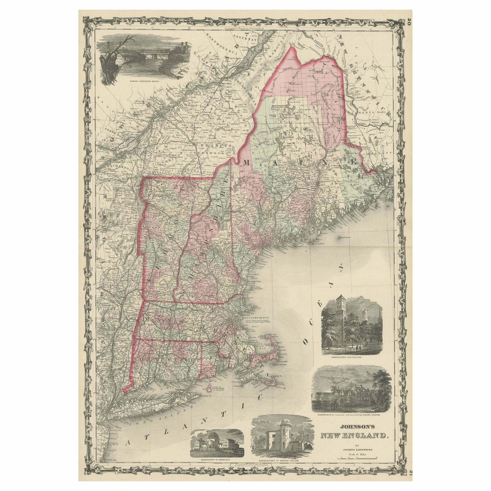 Large Antique Map Of New England With Decorative Vignettes