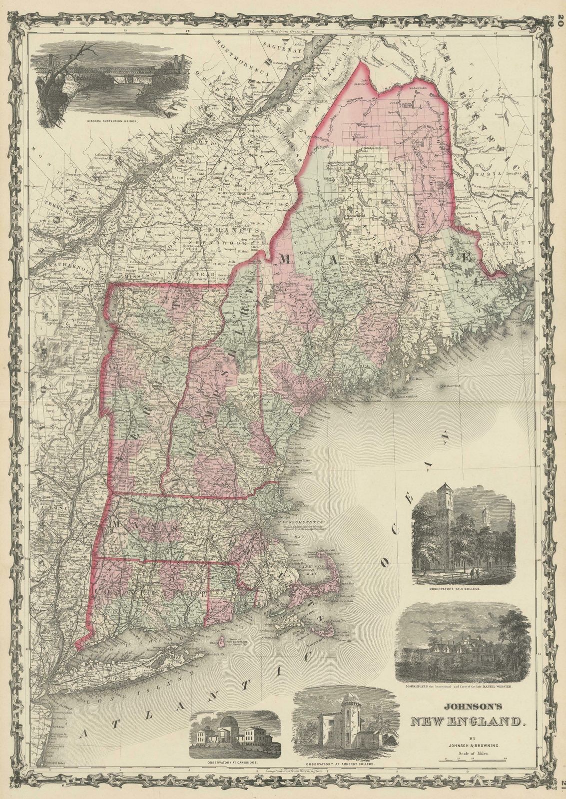 Large Antique Map Of New England With Decorative Vignettes photo for sale