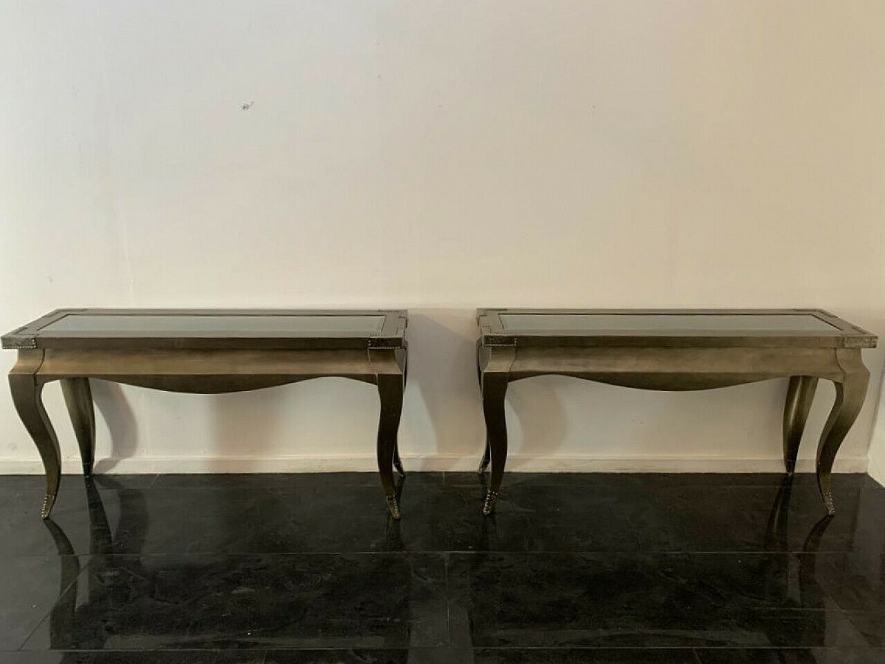 Pair Of Wood, Glass And Metal Consoles, 1980s photo Furniture