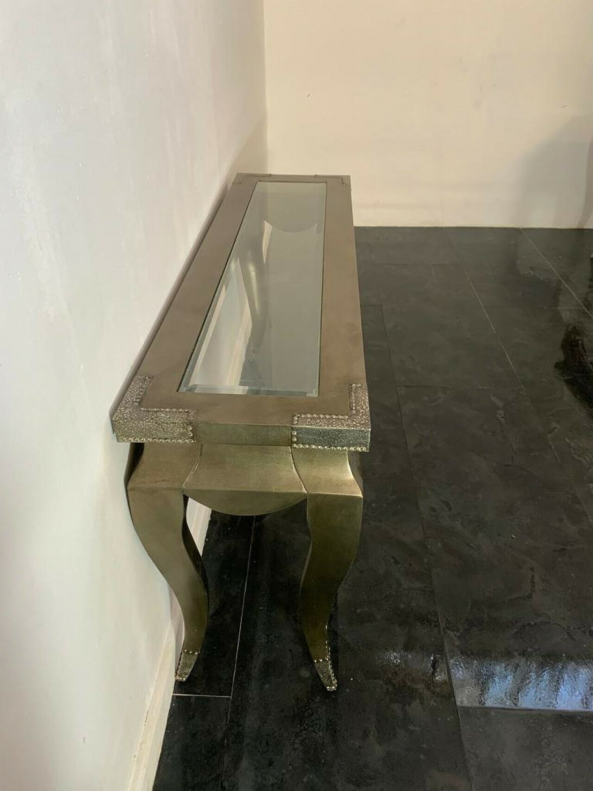 Pair Of Wood, Glass And Metal Consoles, 1980s photo buy