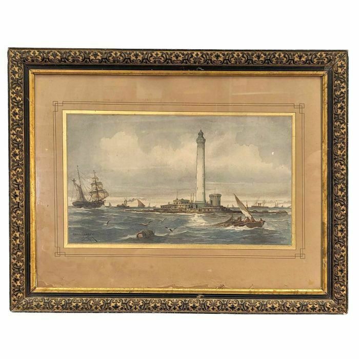 Watercolor émile Henry Sailboats Near A Lighthouse (Probably Phare De Planier)