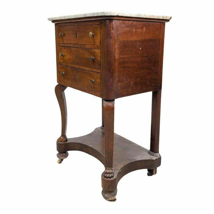 Restoration Period Bedside Table With Drawers In White Marble Walnut photo furniture