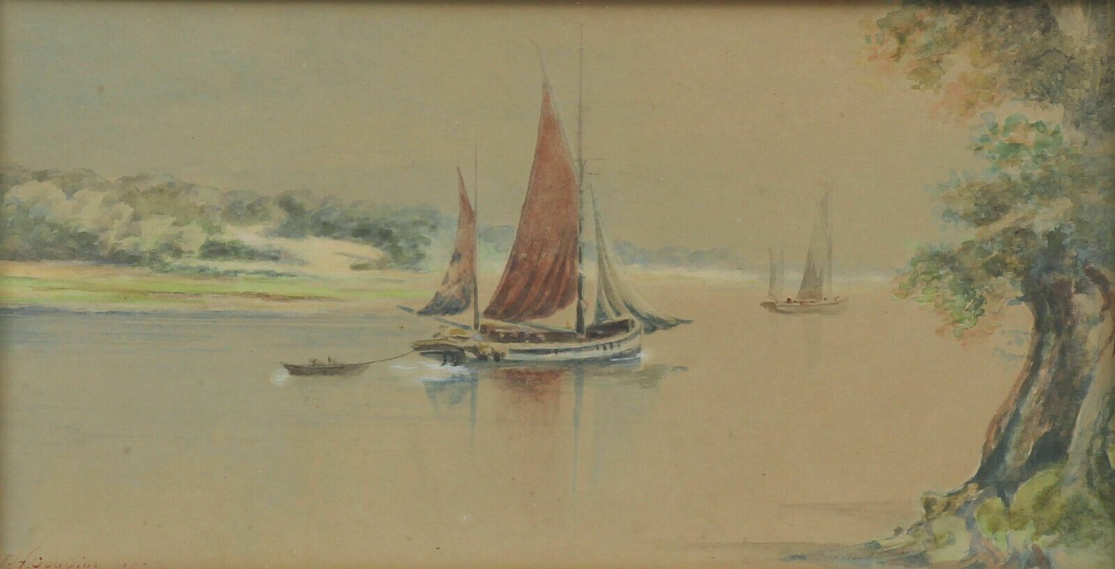 Watercolour By J. H. Gooding. Subject Is A Small Yacht Towing A Dinghy. photo furniture