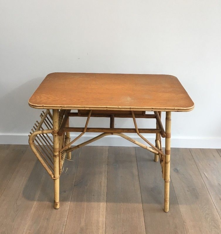 Unusual Rattan Desk (A Little Piece Of Rattan Missing On The Magazine Rack). French. Circa 1970 photo for sale