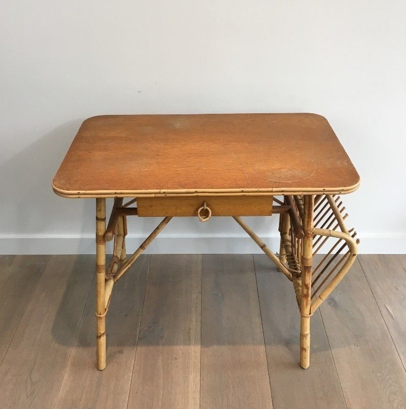 Unusual Rattan Desk (A Little Piece Of Rattan Missing On The Magazine Rack). French. Circa 1970 photo vinterior