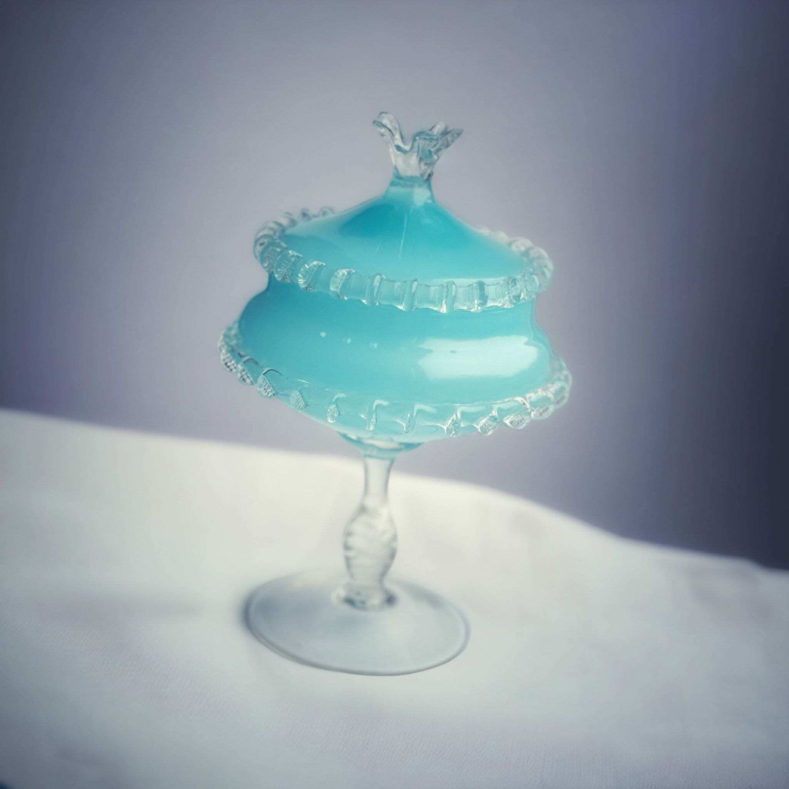 1960s Mid Century Italian Sky Blue Cased Empoli Glass Pedestal Lidded Compote Candy Dish Midcentury photo buy