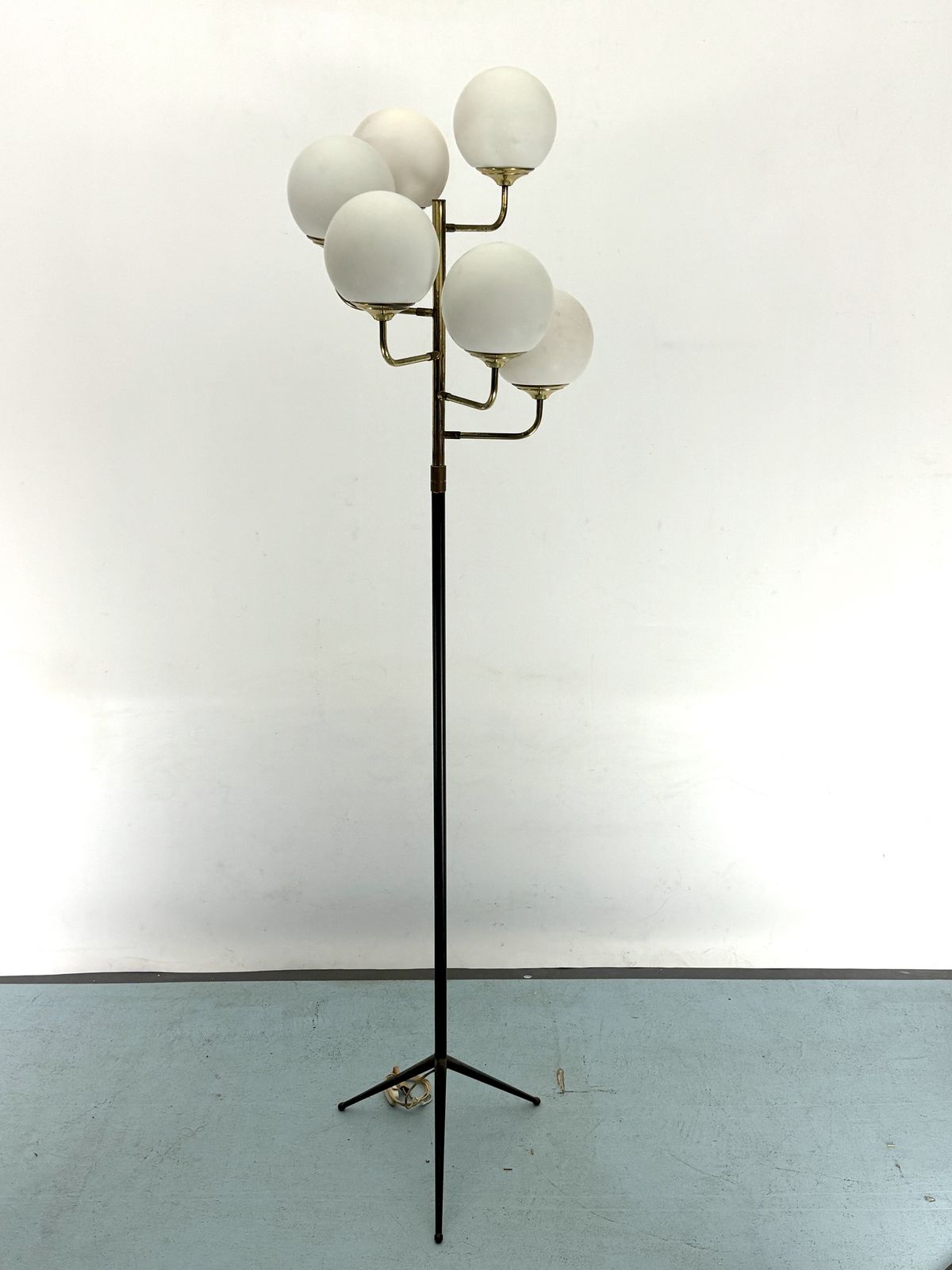 Mid Century Brass And Opaline Glass Six Arms Floor Lamp By Stilnovo. Italy 1950s