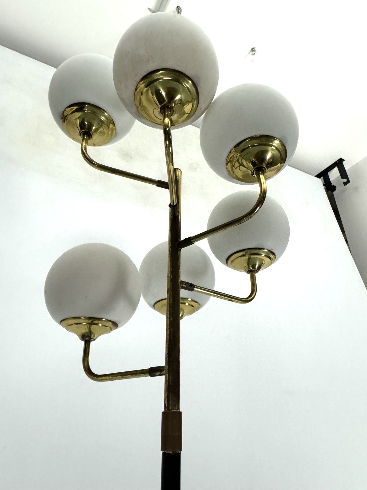 photo for sale Mid Century Brass And Opaline Glass Six Arms Floor Lamp By Stilnovo. Italy 1950s