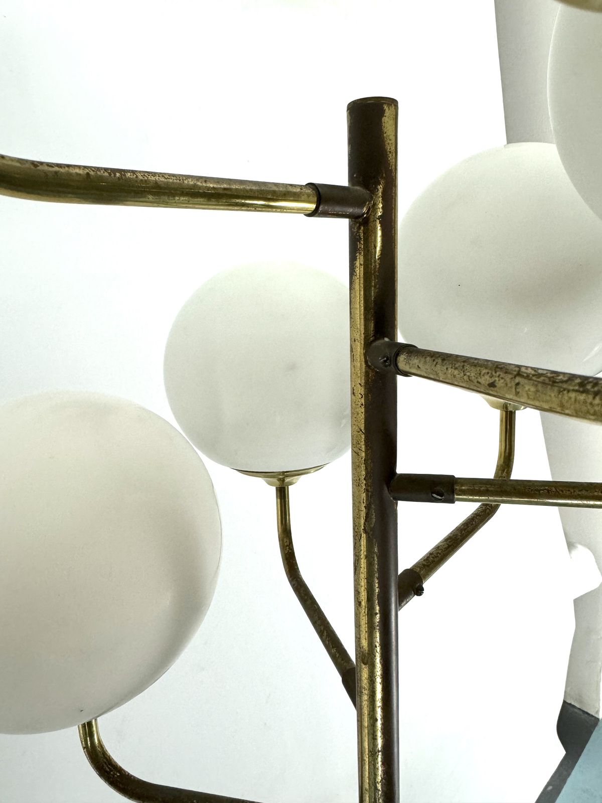 Lighting Mid Century Brass And Opaline Glass Six Arms Floor Lamp By Stilnovo. Italy 1950s photo