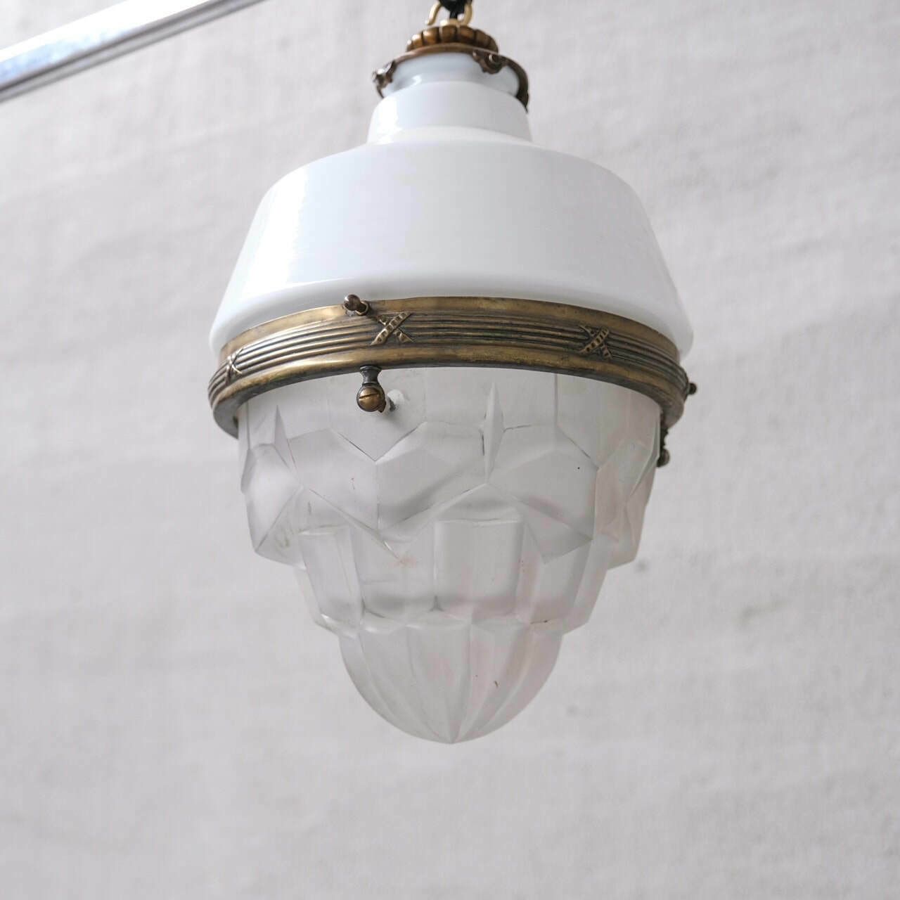 French Unusual Two Tone Antique Glass And Brass Pendant Light photo buy