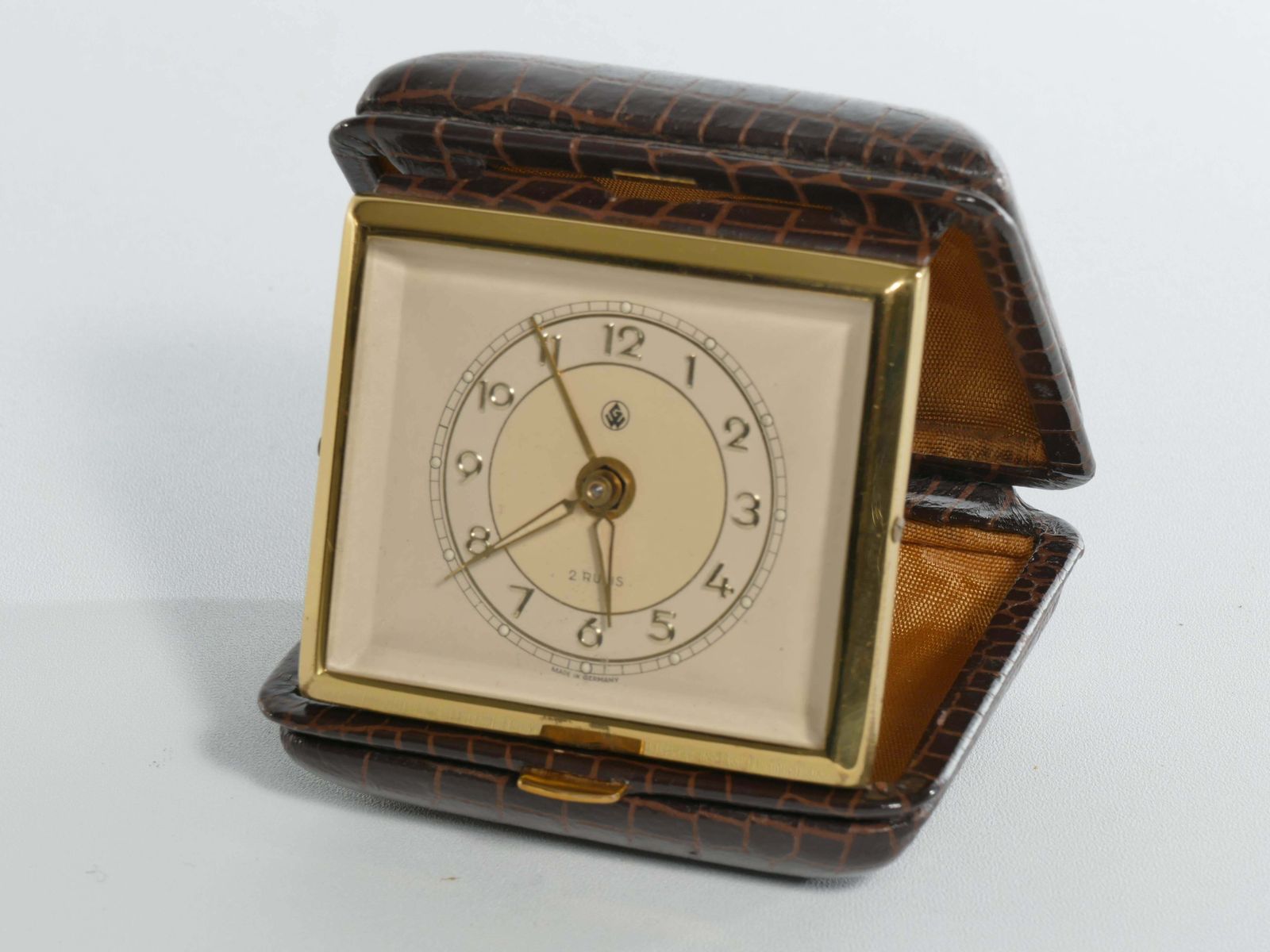 Travel Alarm Clock In Brass And Faux Snakeskin From "Gw", Germany, Ca 1950's photo Home Decor
