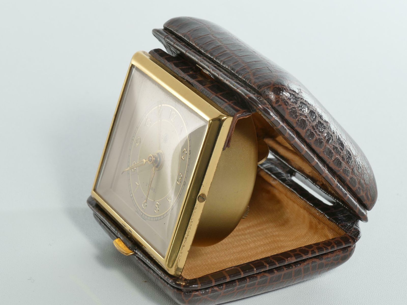 Travel Alarm Clock In Brass And Faux Snakeskin From "Gw", Germany, Ca 1950's photo 161.0