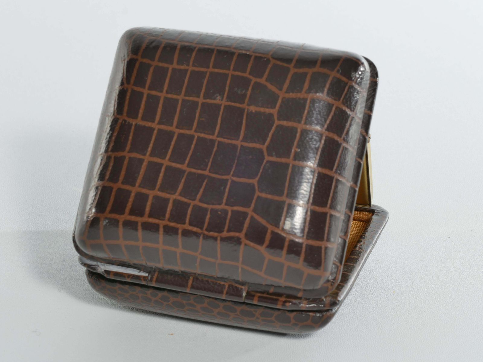 photo for sale Travel Alarm Clock In Brass And Faux Snakeskin From "Gw", Germany, Ca 1950's