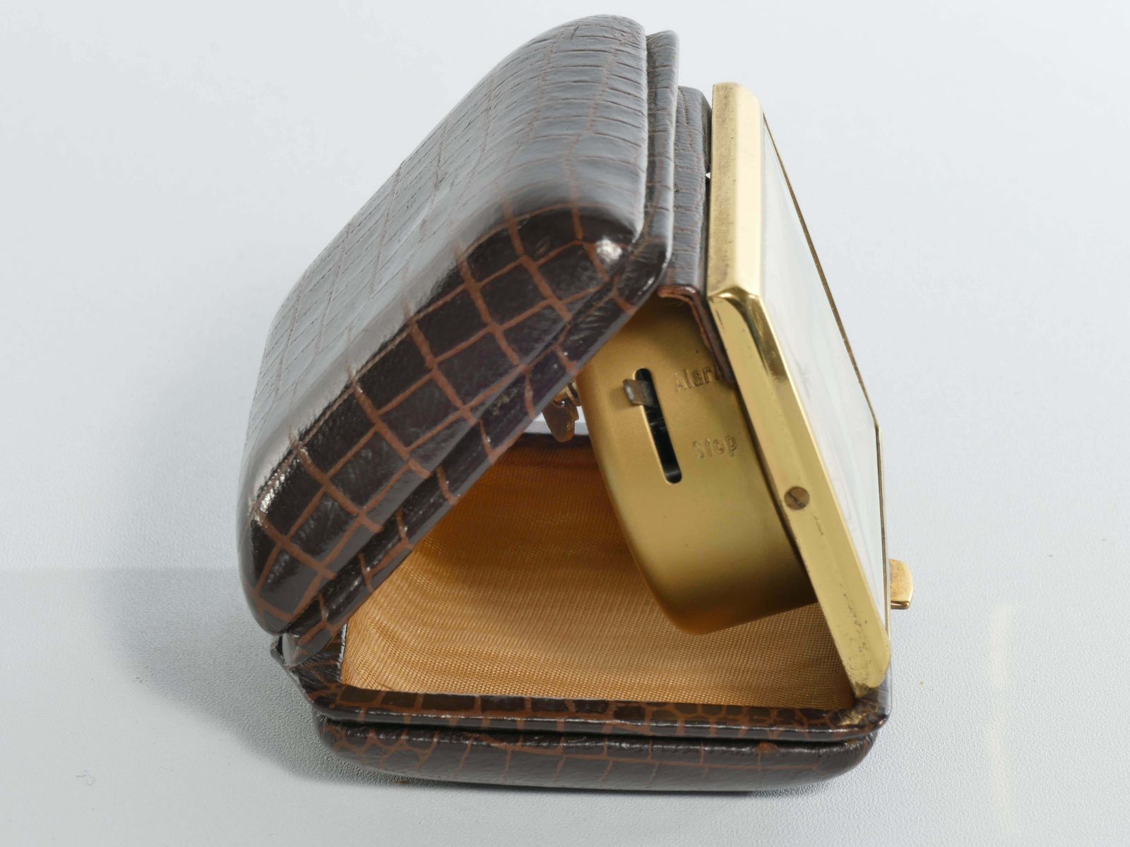 161.0 Travel Alarm Clock In Brass And Faux Snakeskin From "Gw", Germany, Ca 1950's photo