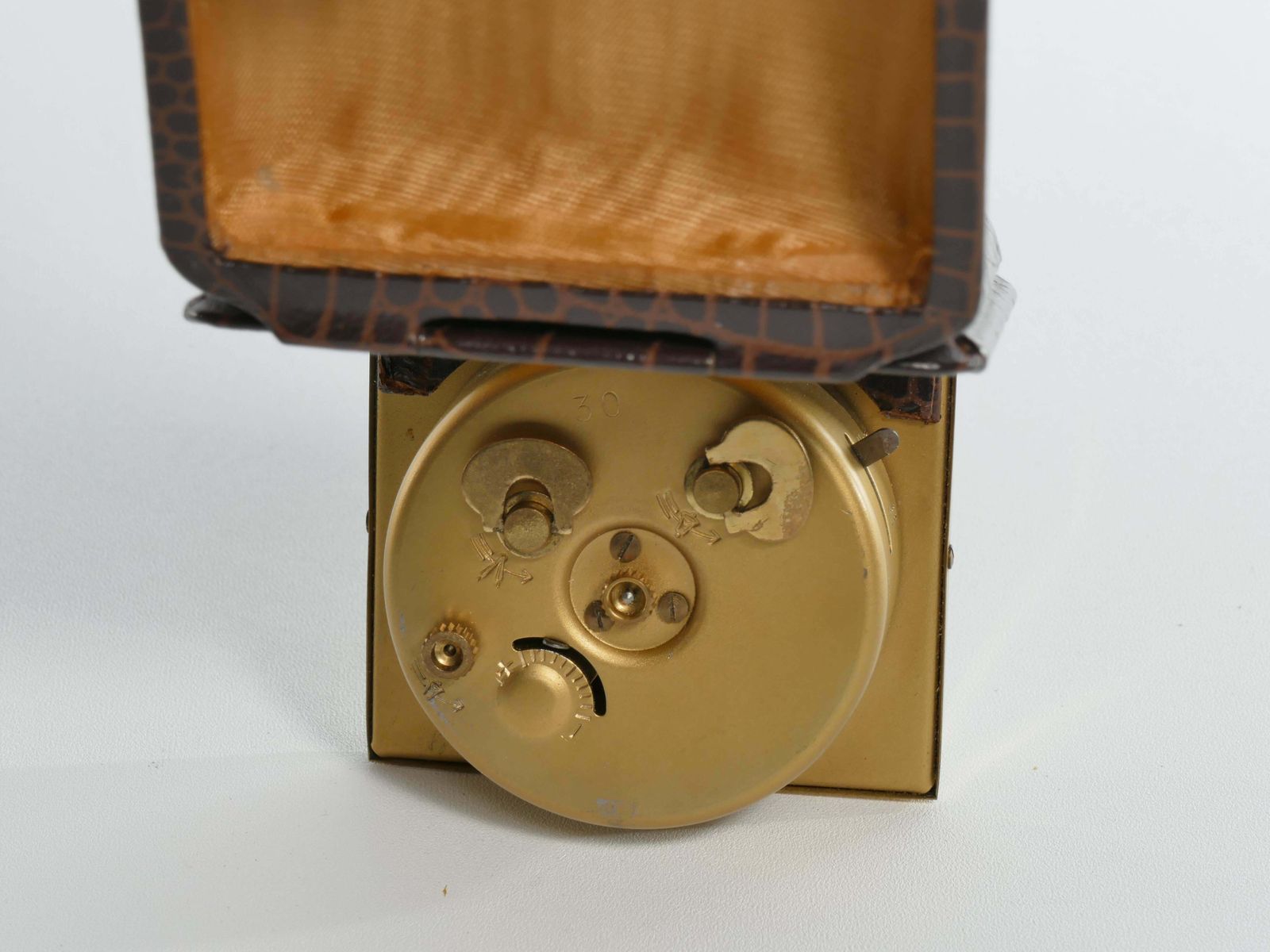 photo buy Travel Alarm Clock In Brass And Faux Snakeskin From "Gw", Germany, Ca 1950's