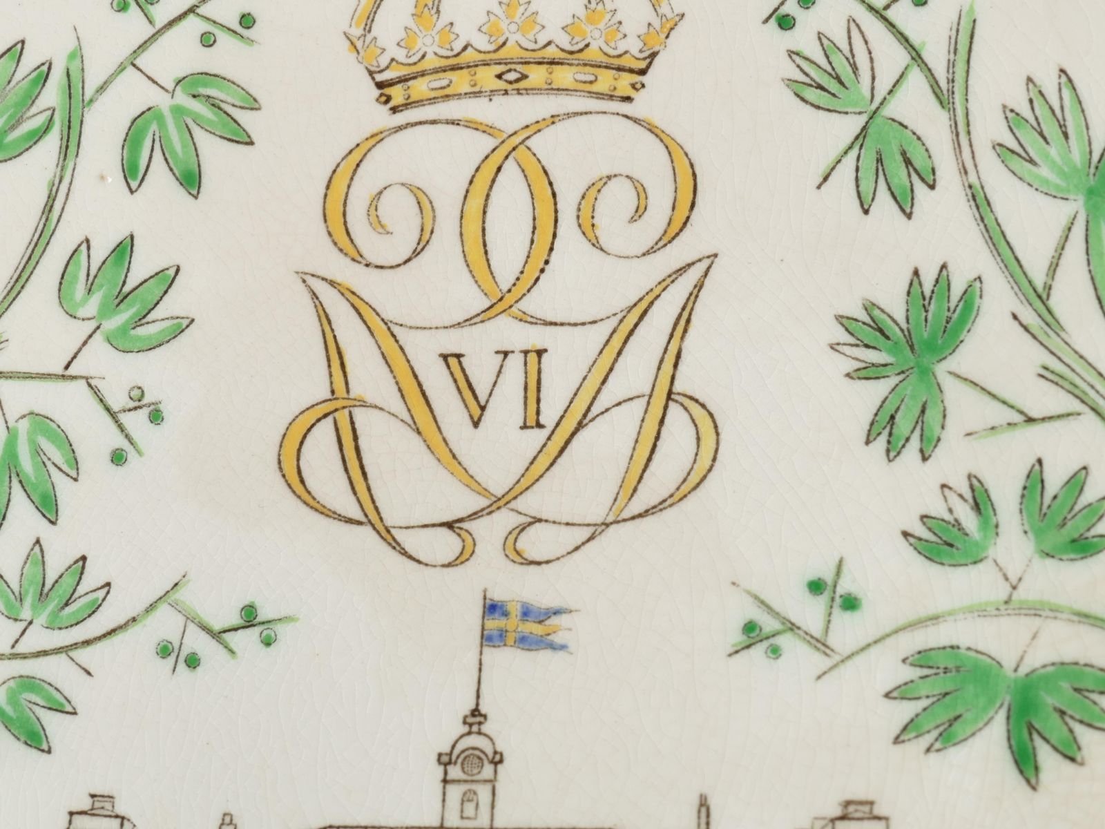 129.0 Swedish Grace Plates With Ulriksdal Palace In Yellow And Green By Gefle 1951 photo
