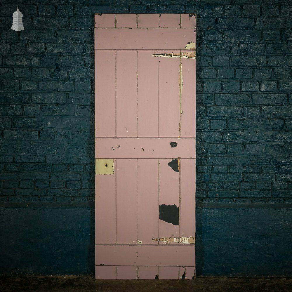 Ledged Plank Door, White And Pink Painted Pine photo vintage