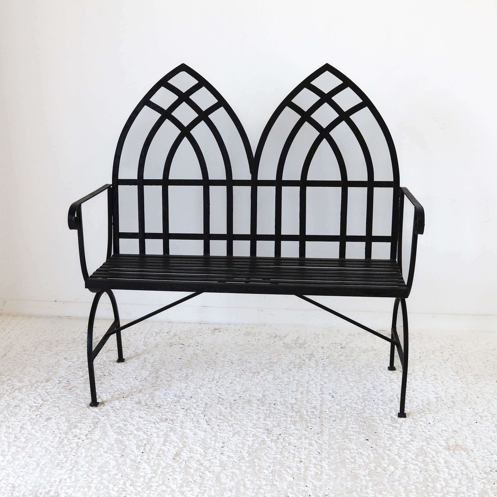 20th Century Gothic Style Iron Garden Bench Painted Black photo furniture