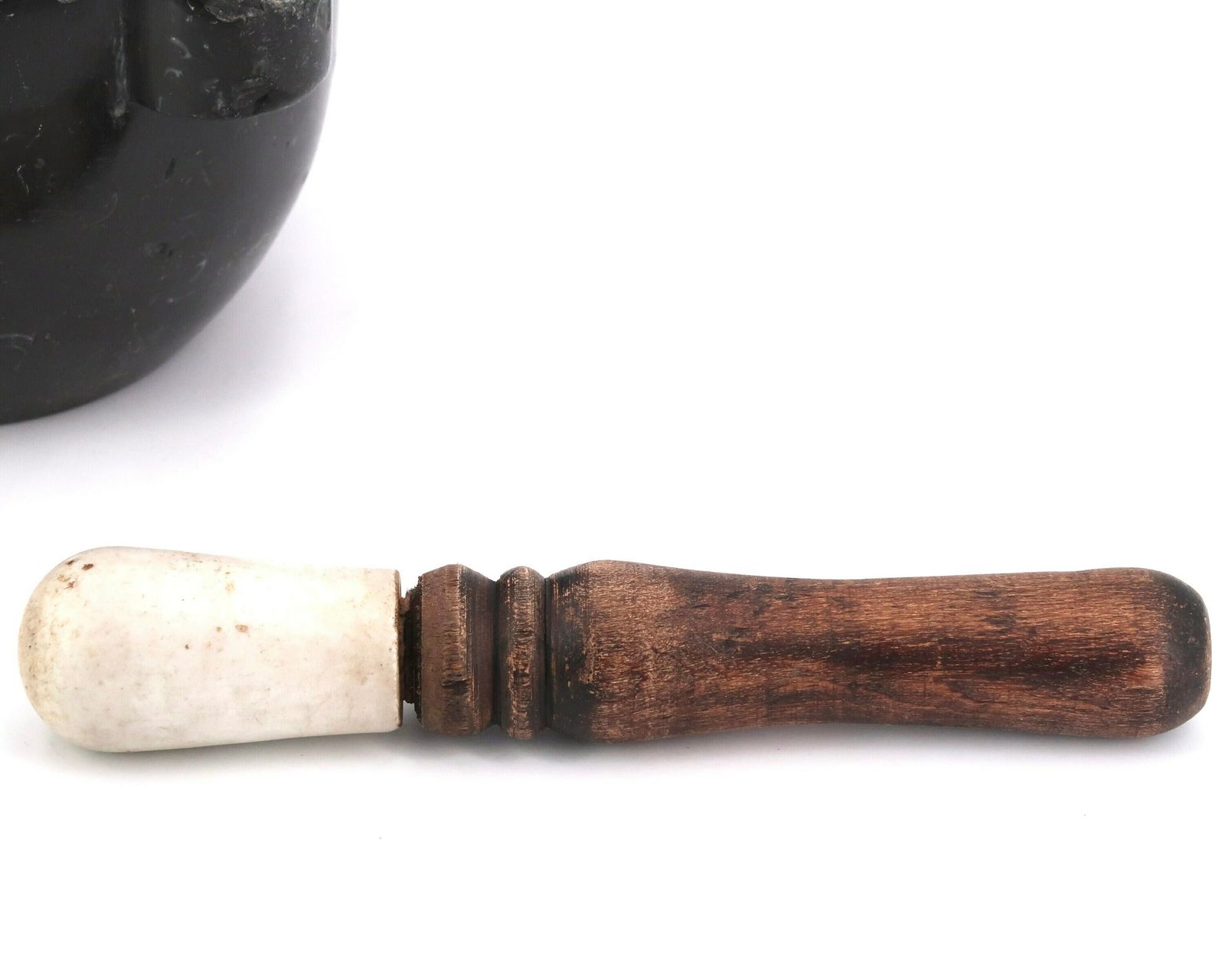 French Black Marble Mortar, Wood And Porcelain Pestle, XIX Century / Wabi Sabi Rustic Kitchen Grey Country Boho Chic Folk photo for sale