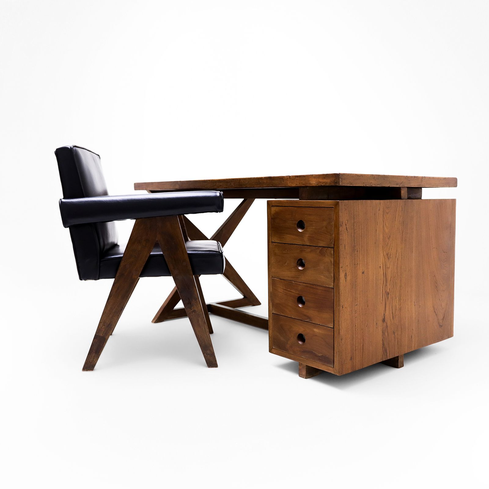 Original Pierre Jeanneret Office Set Featuring A Teak And Leather X Frame Desk Matched To A Model Pj Si 30a Committee Chair, Chandigarh, India, 1960s