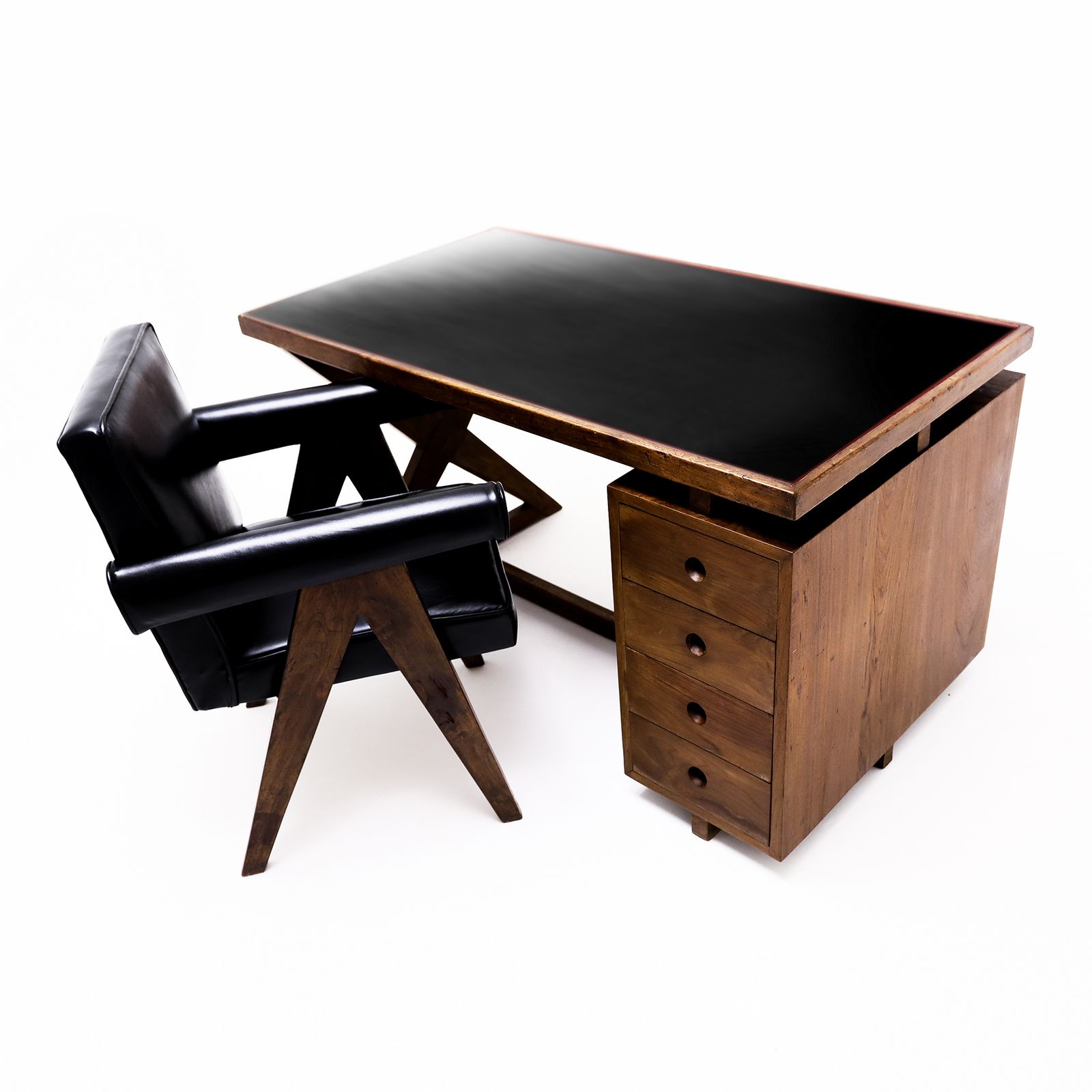 Original Pierre Jeanneret Office Set Featuring A Teak And Leather X Frame Desk Matched To A Model Pj Si 30a Committee Chair, Chandigarh, India, 1960s photo furniture