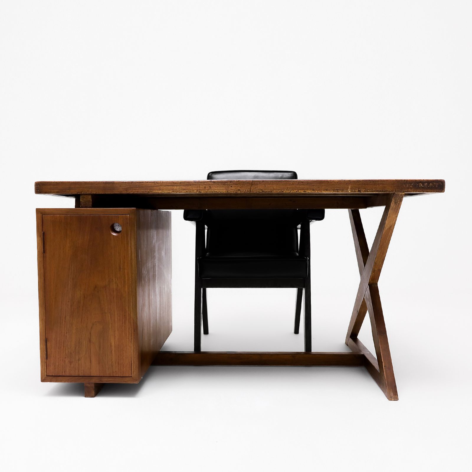 Original Pierre Jeanneret Office Set Featuring A Teak And Leather X Frame Desk Matched To A Model Pj Si 30a Committee Chair, Chandigarh, India, 1960s photo Furniture