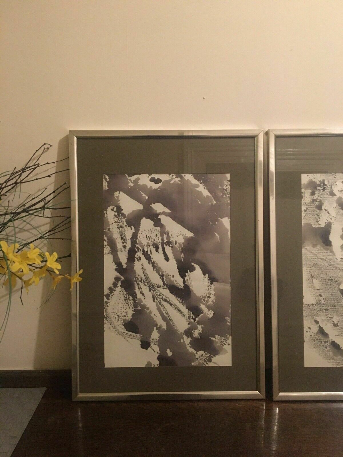 Art 2x Original Indian Ink Minimalist Paintings On Paper Aluminium Frames 1960s 80s photo