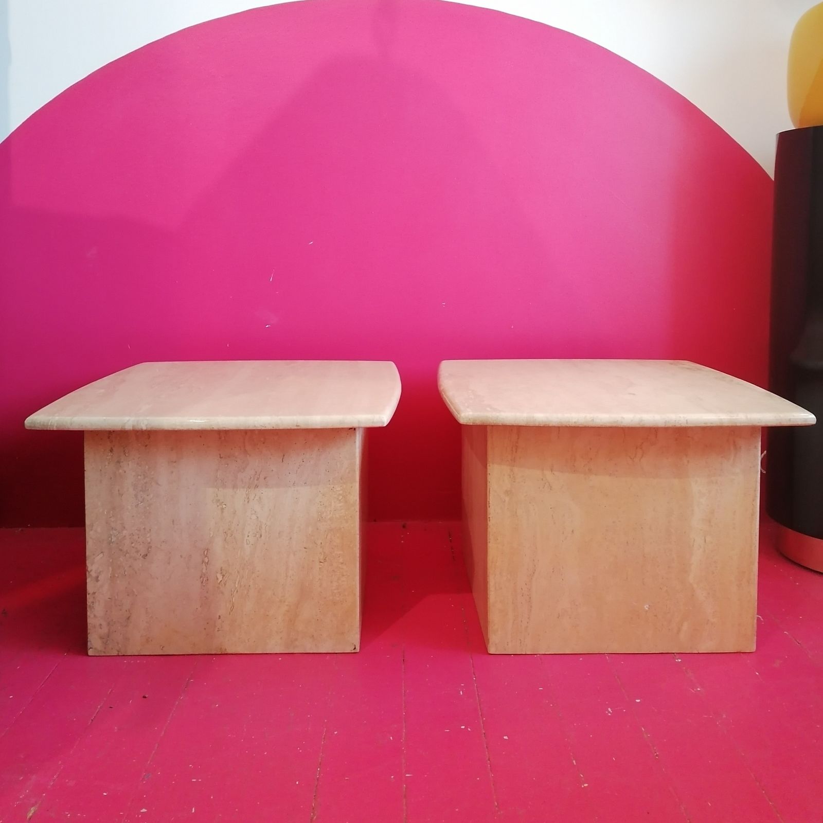 Vintage Post Modern Polished Travertine Side Or End Tables, USA 1980s, Two Available photo furniture