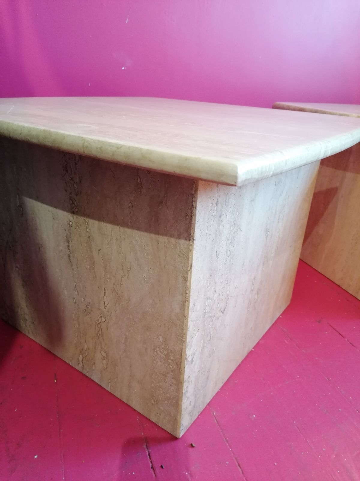 Vintage Post Modern Polished Travertine Side Or End Tables, USA 1980s, Two Available photo buy