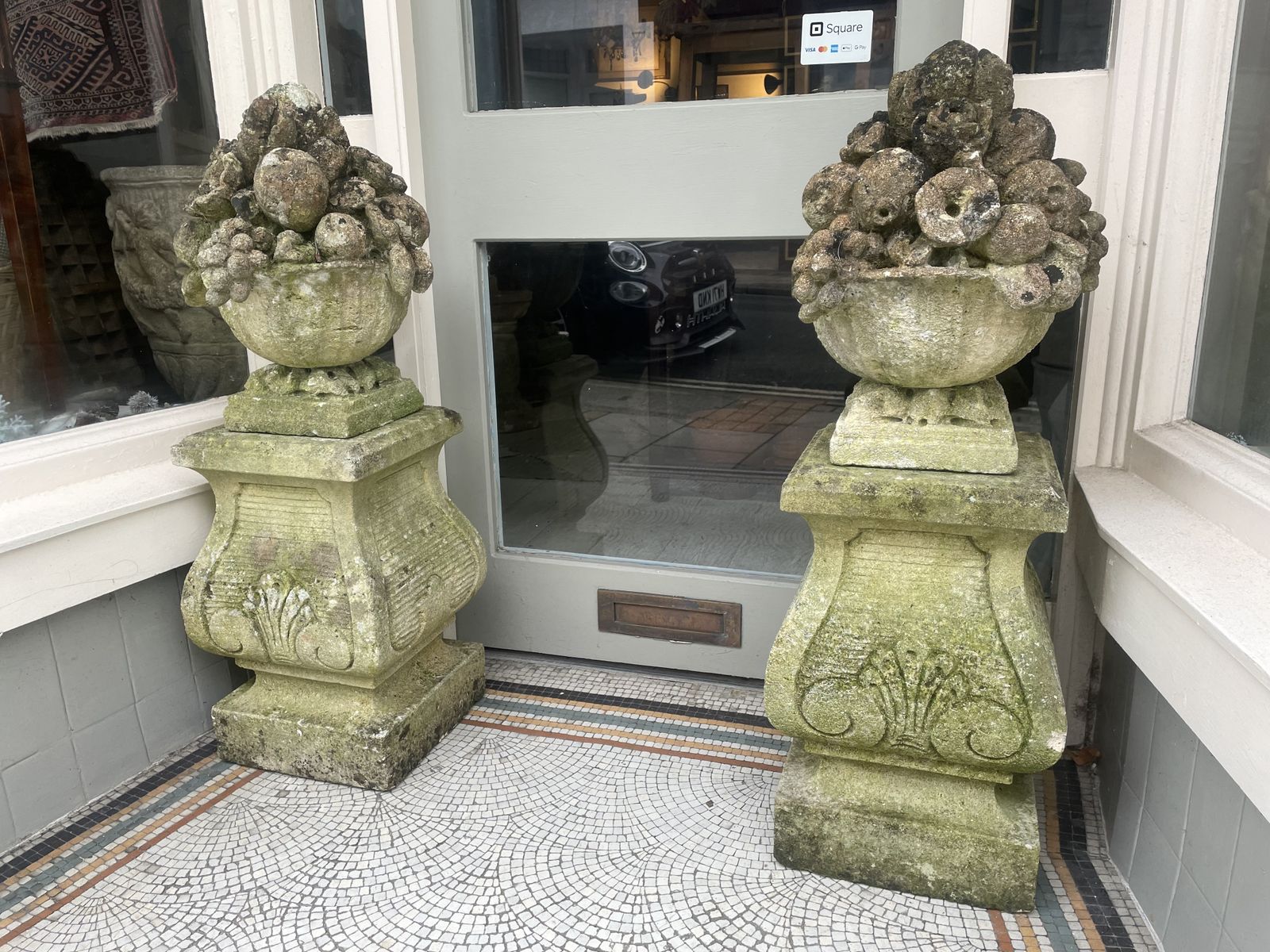 Large Pair Of Antique Hand Carved Stone Fruit Basket Urns  On Their Original Decorative Solid Stone Plinths photo Garden Decor
