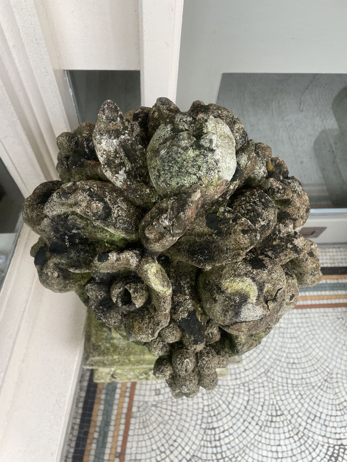 2650.0 Large Pair Of Antique Hand Carved Stone Fruit Basket Urns  On Their Original Decorative Solid Stone Plinths photo