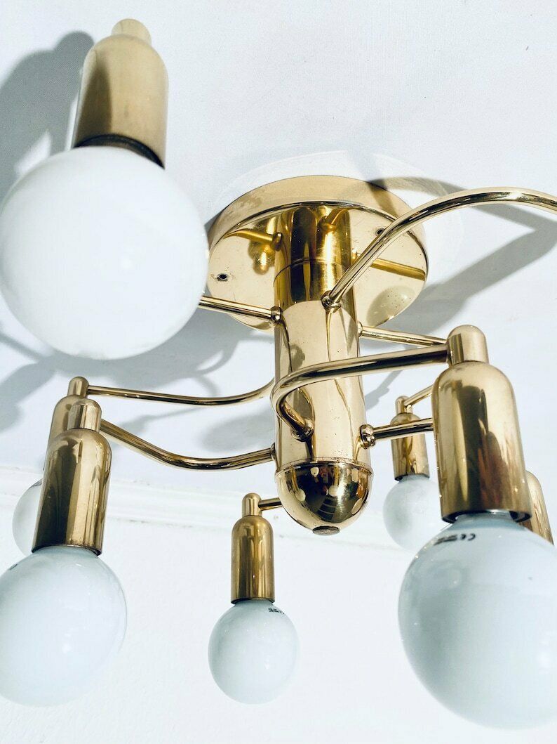 Designer Gold Chandelier Ceiling Lamp With Eight Bulbs Sölken Leuchten / Vintage Decor 1960s photo vintage
