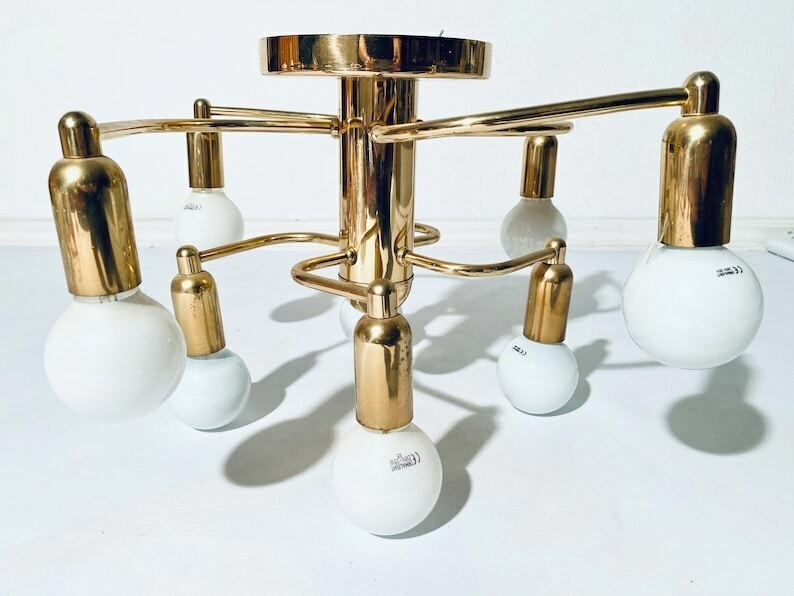 photo furniture Designer Gold Chandelier Ceiling Lamp With Eight Bulbs Sölken Leuchten / Vintage Decor 1960s
