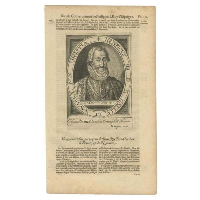 Antique Portrait Of Henry IV Of France By Van Meteren, 1618