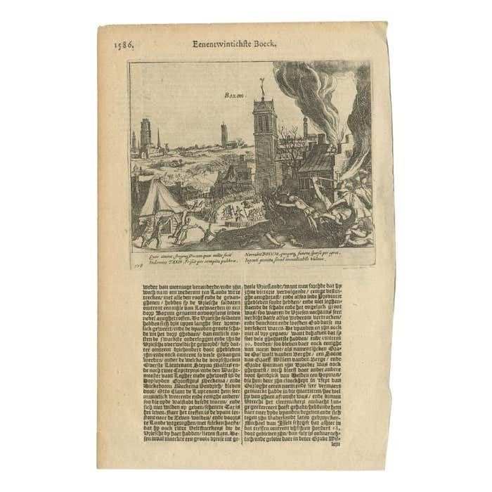 Antique Print Of The Battle Of Boksum Or Boxum, Between The Frisians The Spanish
