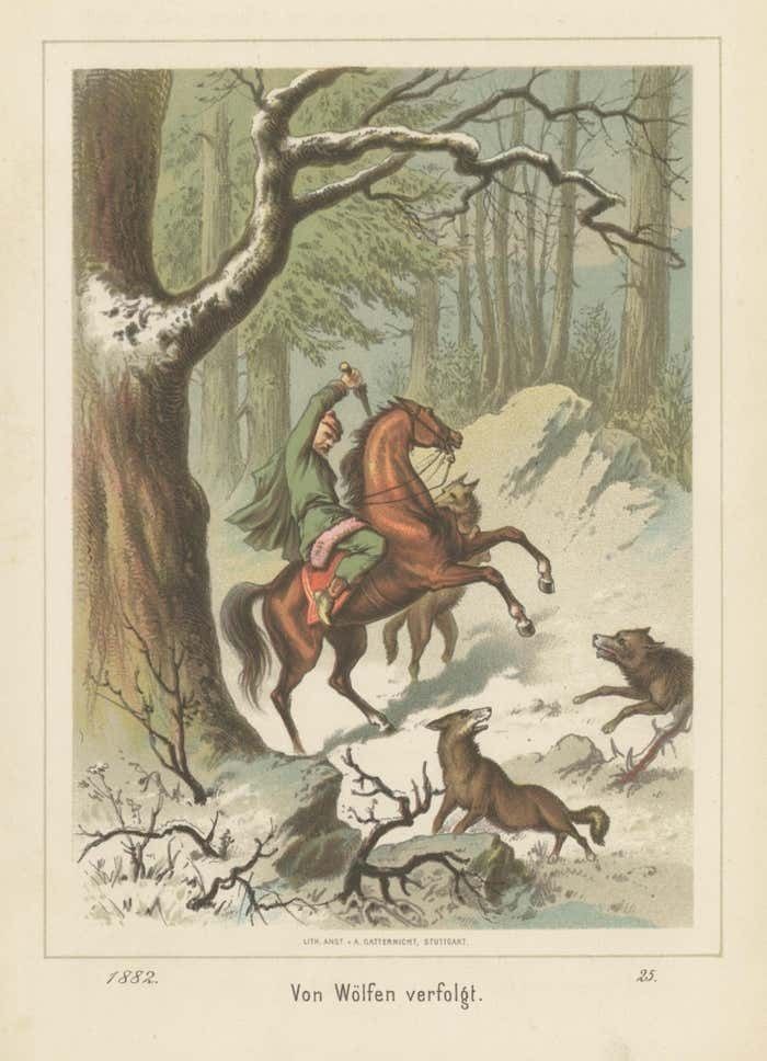 Antique Print Of A Man On A Horse Chased By Wolves photo for sale