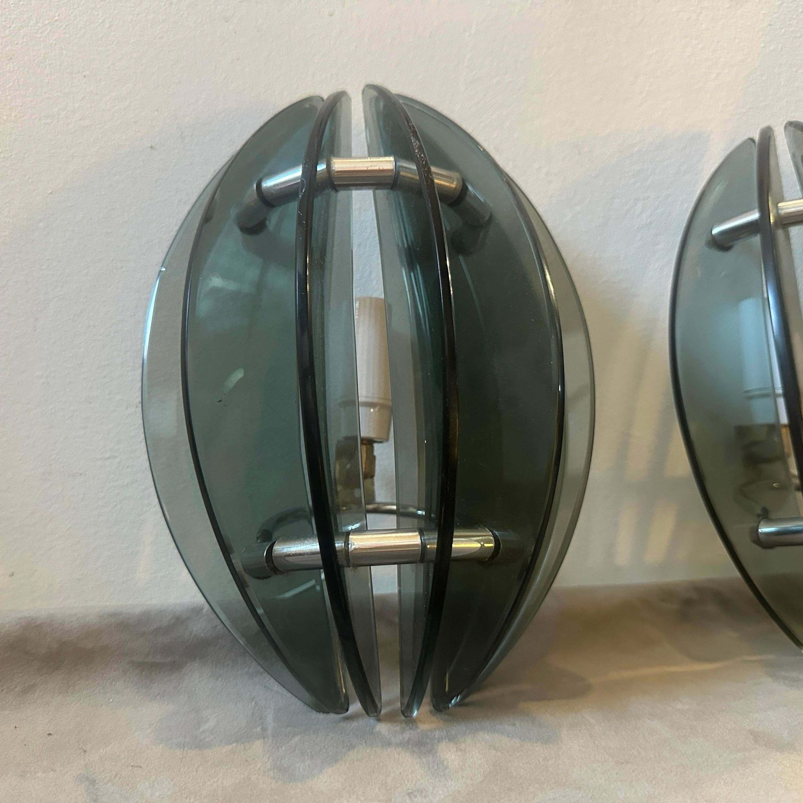 Set Of Two 1970s Space Age Glass And Chromed Metal Italian Wall Sconces By Veca photo Lighting