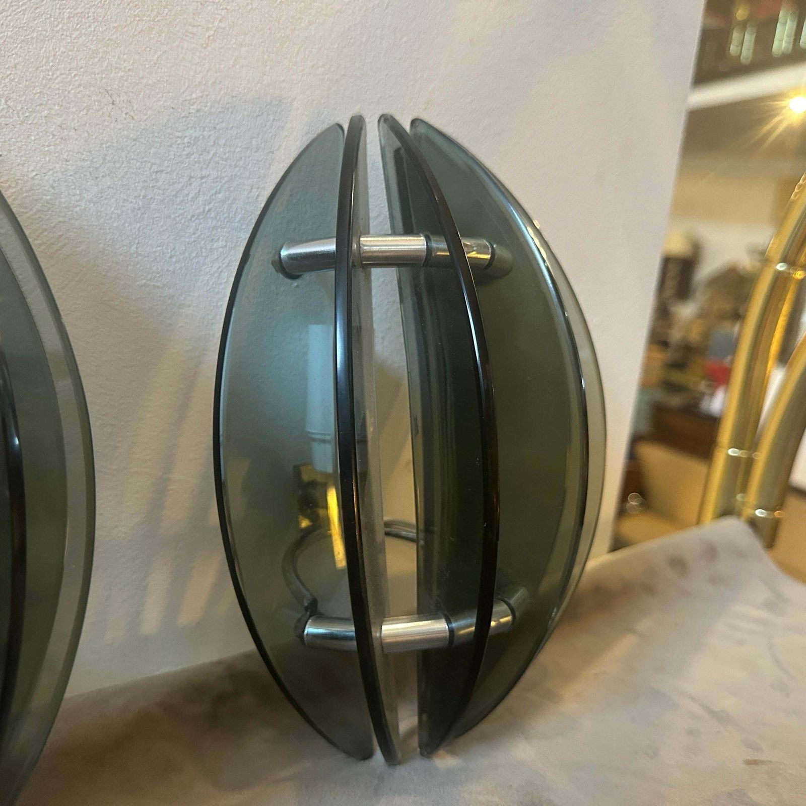 Set Of Two 1970s Space Age Glass And Chromed Metal Italian Wall Sconces By Veca photo 550.0