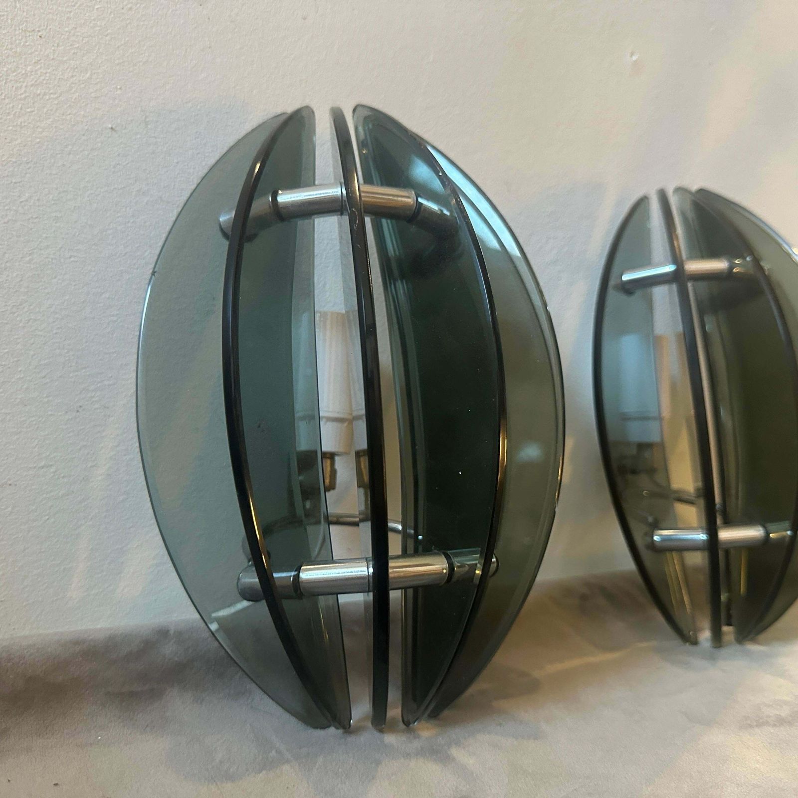 Set Of Two 1970s Space Age Glass And Chromed Metal Italian Wall Sconces By Veca photo vinterior
