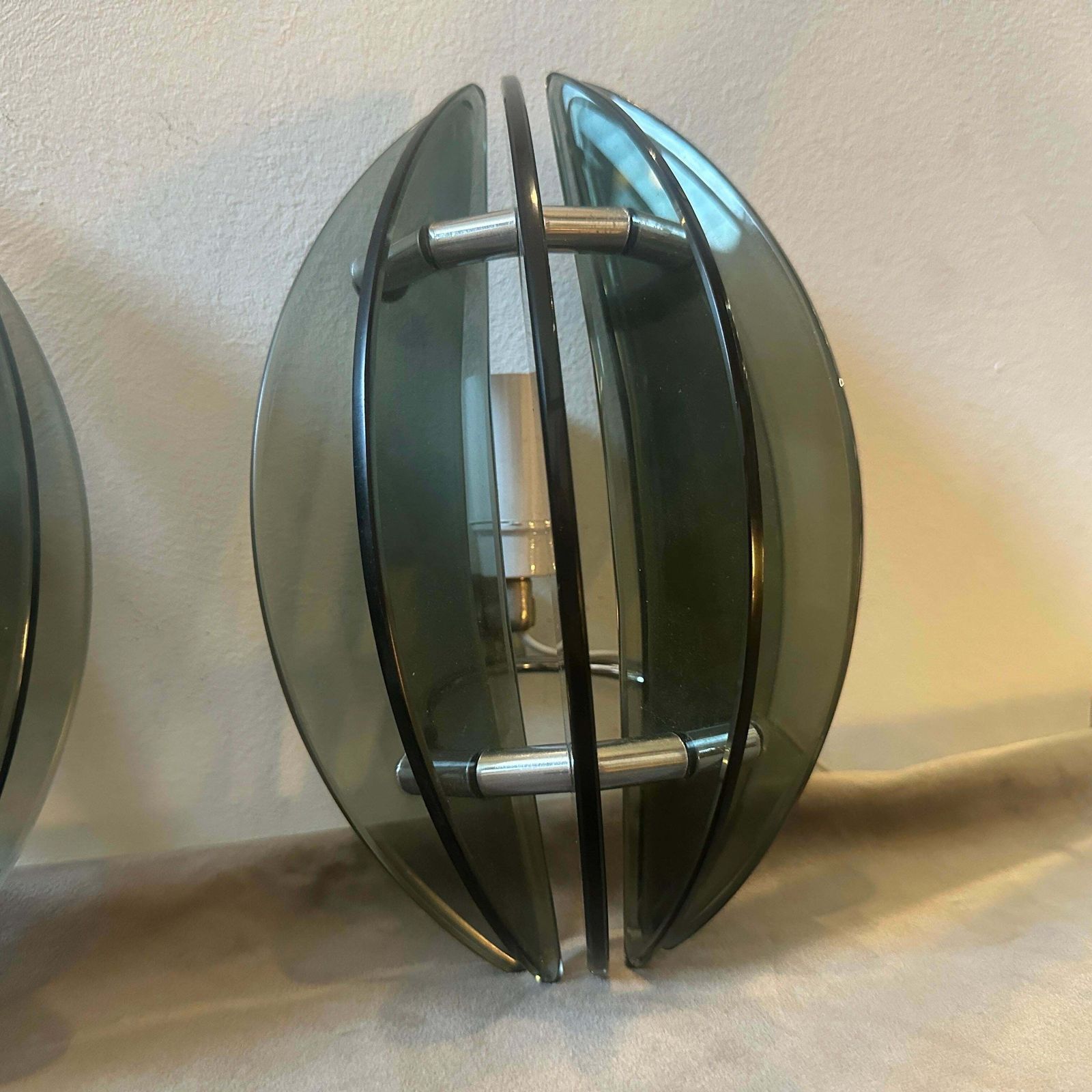 Set Of Two 1970s Space Age Glass And Chromed Metal Italian Wall Sconces By Veca photo vintage