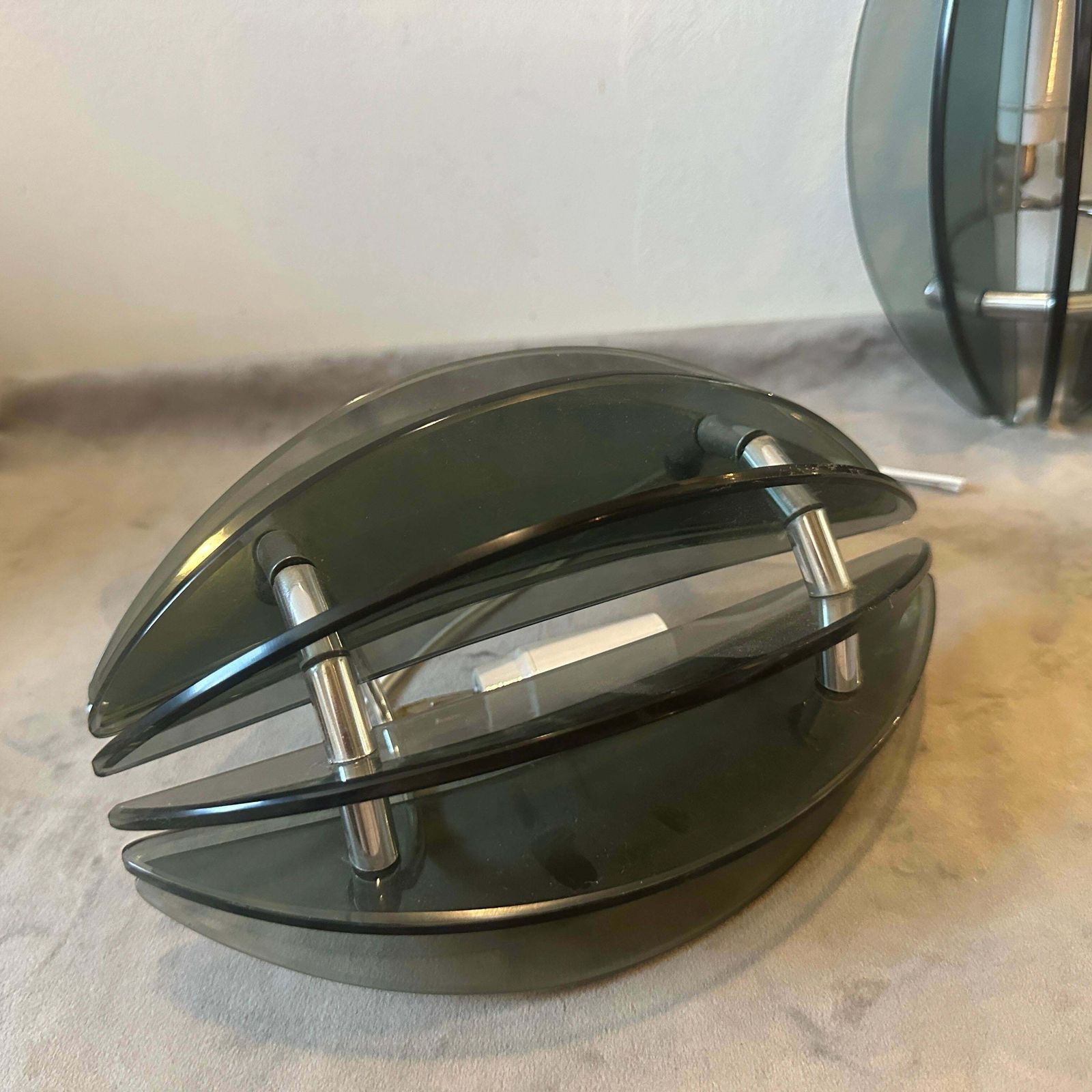 photo for sale Set Of Two 1970s Space Age Glass And Chromed Metal Italian Wall Sconces By Veca