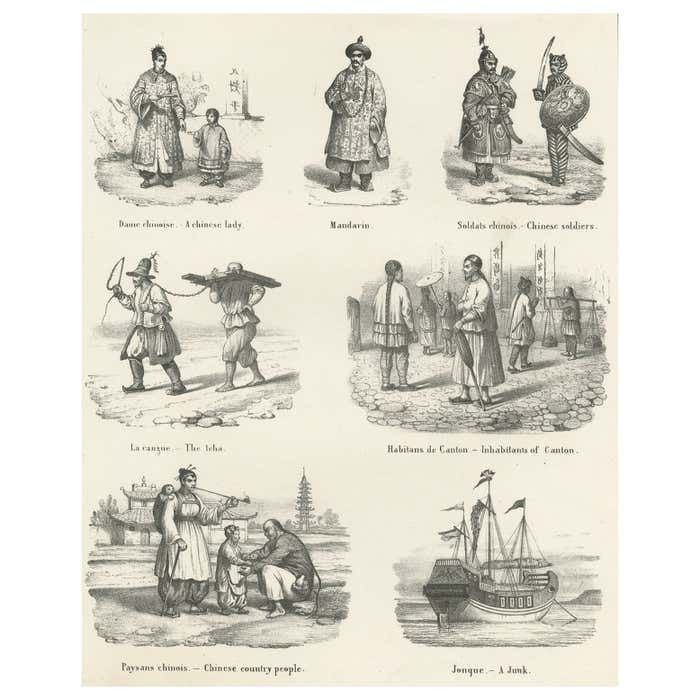 Antique Print With Views Of China Incl Punishment, A Junk And A Mandarin, C.1860