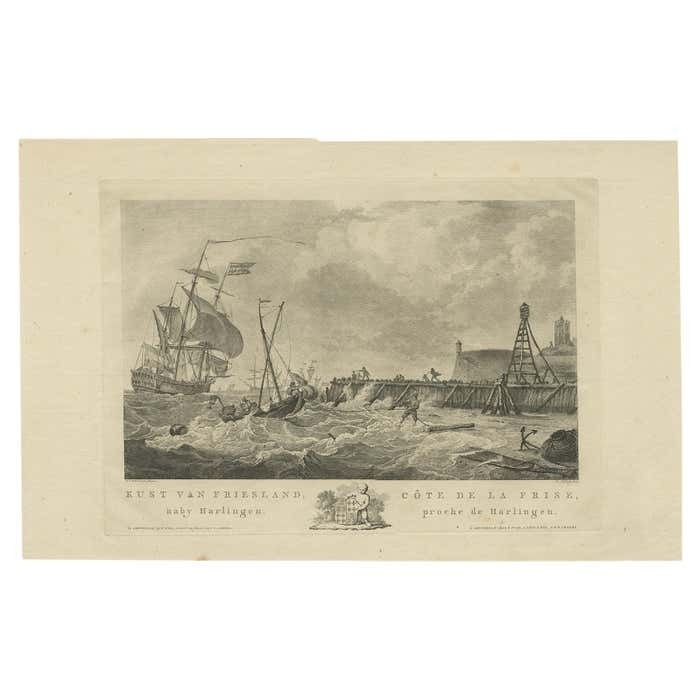 Antique Print Of The Coast Of Harlingen, Harbour In Friesland, Circa 1780