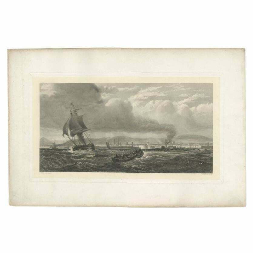 Antique Maritime Print With Ships In The View Of A Harbour, Circa 1860