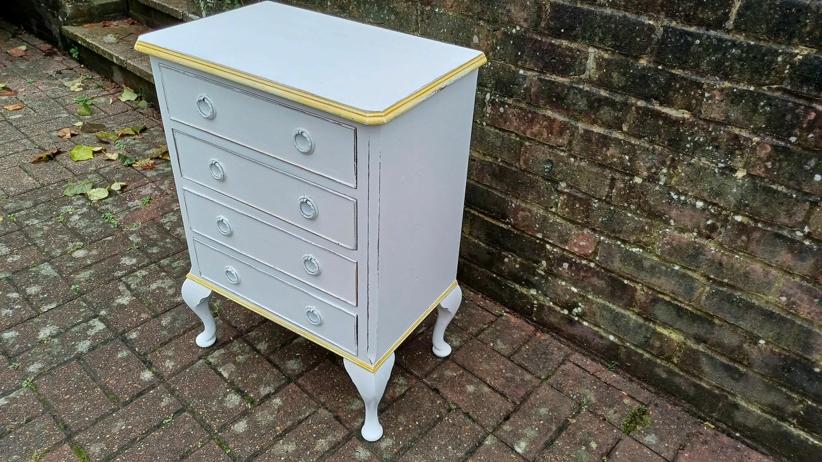 Vintage Painted Bedside Or Occasional Chest Of Drawers Table In Farrow And Ball White Gold Highlights. photo for sale