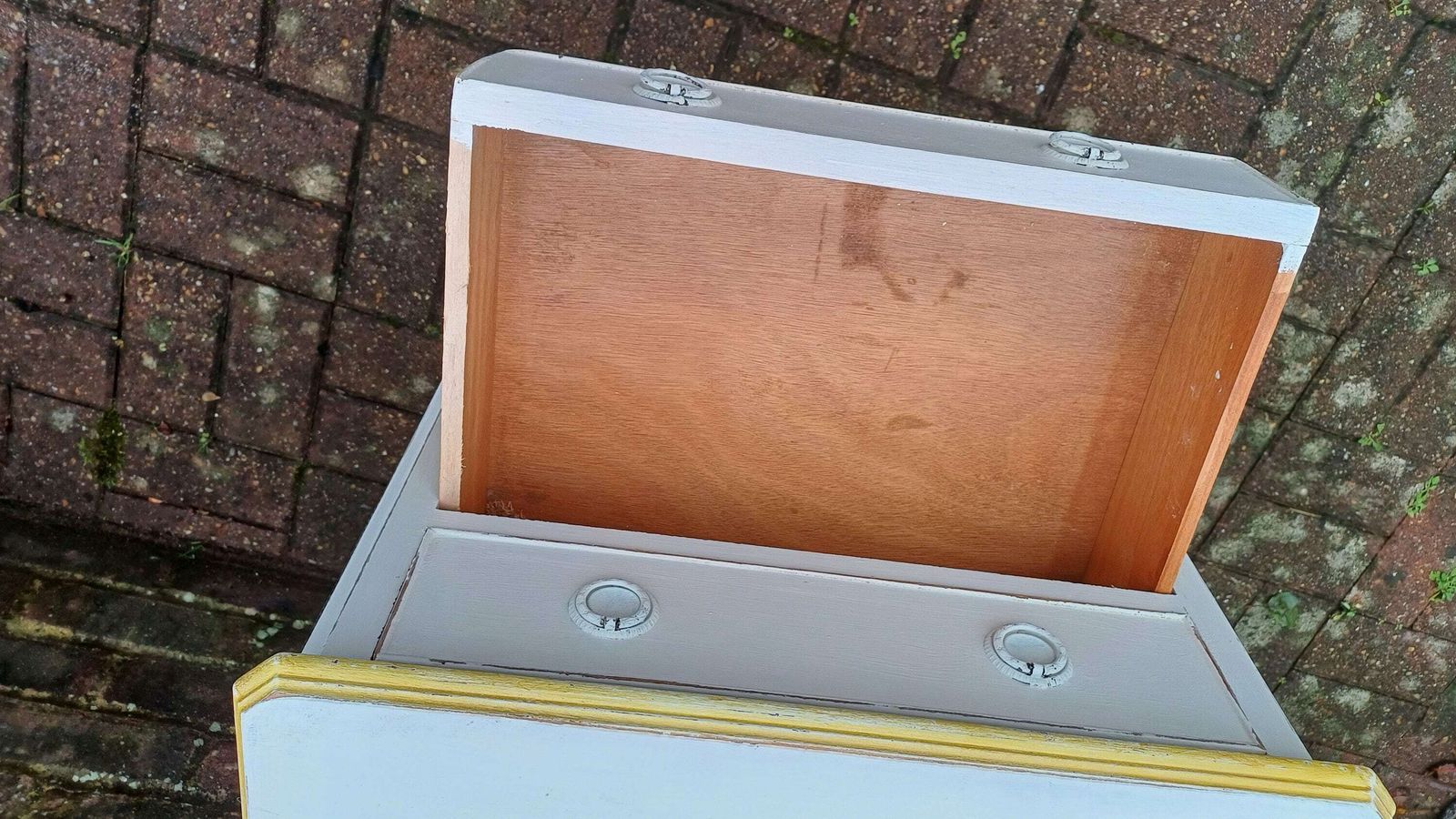 photo for sale Vintage Painted Bedside Or Occasional Chest Of Drawers Table In Farrow And Ball White Gold Highlights.