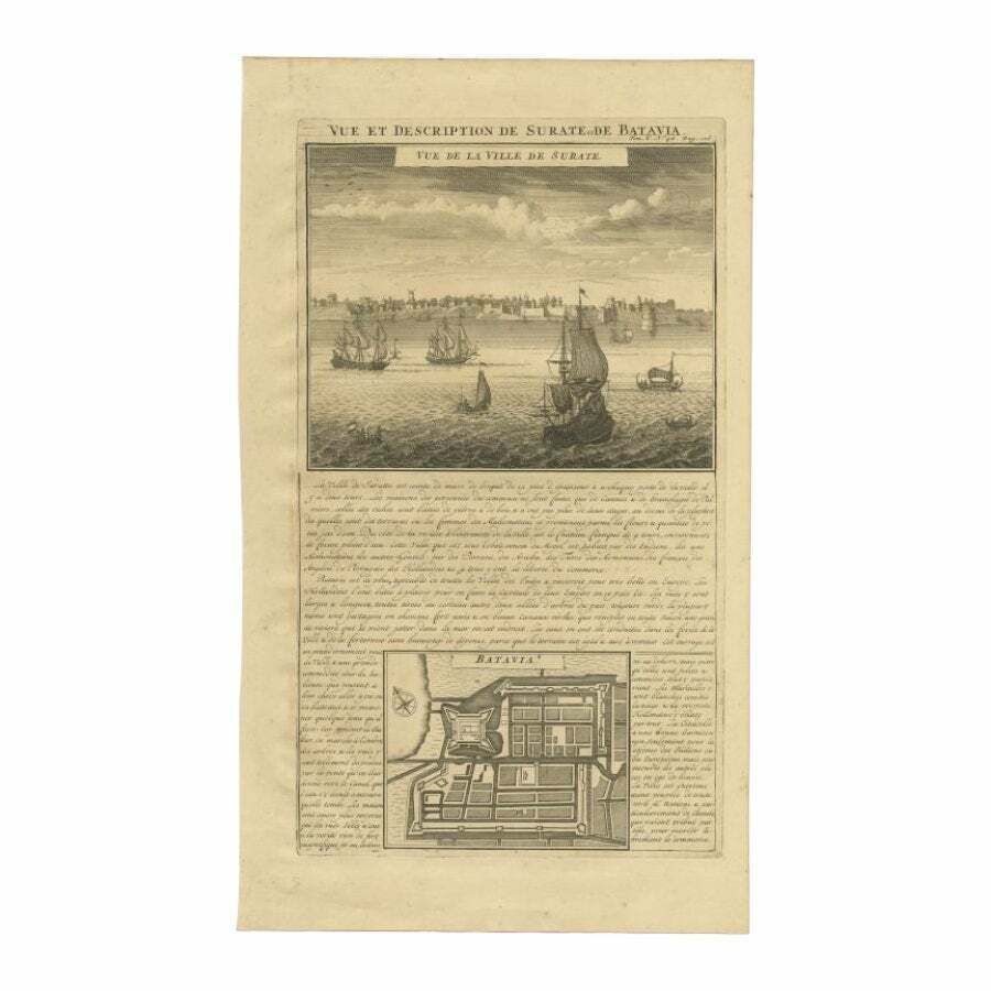 Antique Print Of Surate And A Plan Of Batavia In The Dutch East Indies, 1719