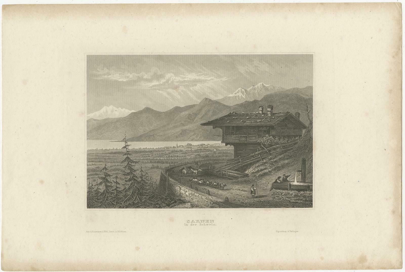 Original Antique Print Of The City Of Sarnen, Switzerland photo furniture