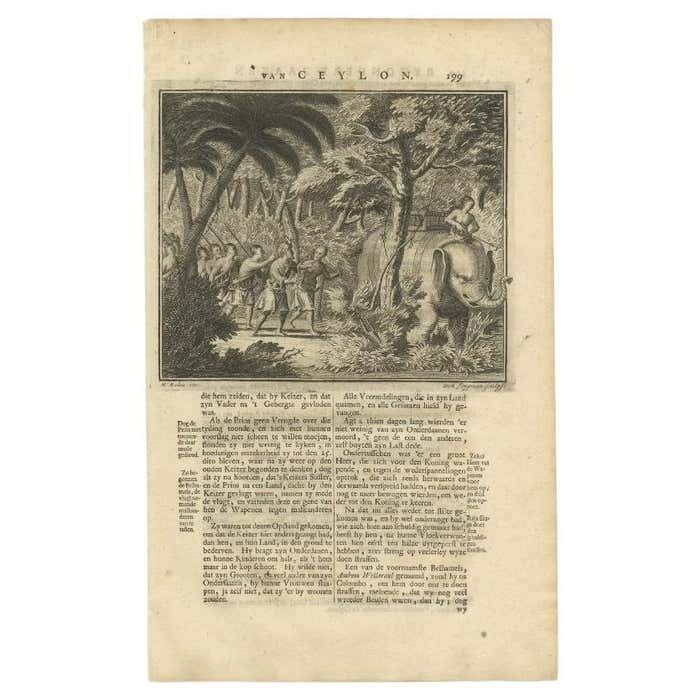 Antique Print Of An Army In The Woods Riding An Elephant In Ceylon 1726 photo furniture